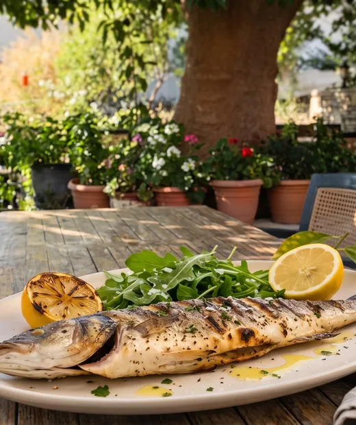 Izgara balık, limon ve roka ile