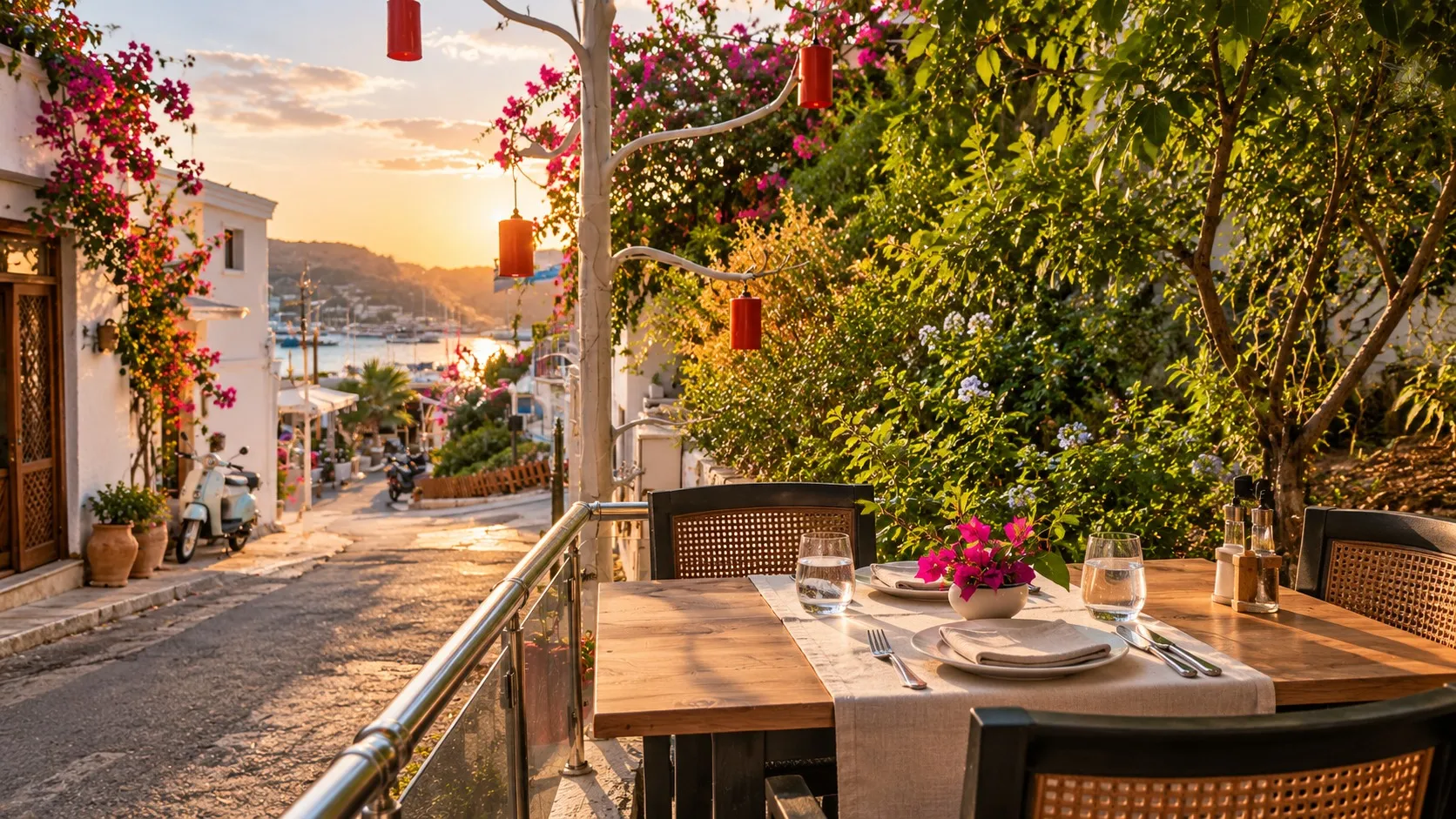 Gün batımında sokağa bakan teras masası ve arkada Akyarlar koyu